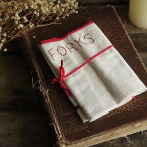 Vintage 1950s Silverware Holder, White And Red Fork Pocket, Kitchen Linens